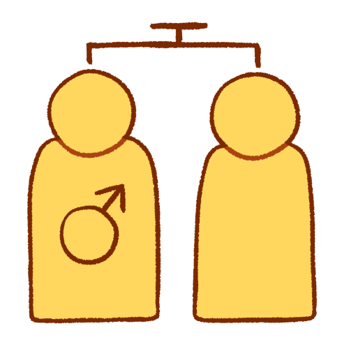  A drawing of two generic emoji yellow people standing next to each other. The person on the left has a large male symbol on their torso. Above them is a dark brown line with a line down to each of them, with another, shorter connected line above it, reminiscent of a family tree.